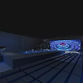 Modern Tech Inspired Ballroom with Geometric Lines Blue Red Circular Installation and Illuminated Steps