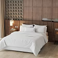 Modern Double Bed Interior With White Bedding Wooden Wall Panel Nightstands And Table Lamps