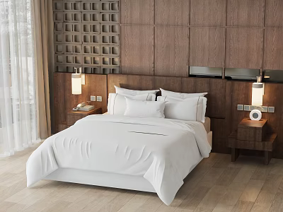 Modern Double Bed Interior With White Bedding Wooden Wall Panel Nightstands And Table Lamps 3d model