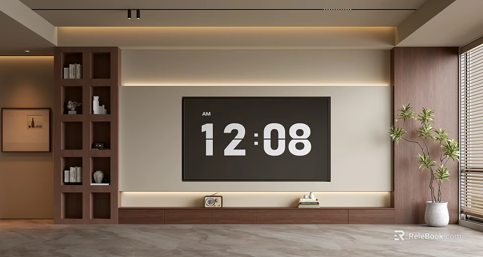 Modern TV Wall Interior Design With Large Screen TV Wooden Shelves And LED Strip Lights 3d model 