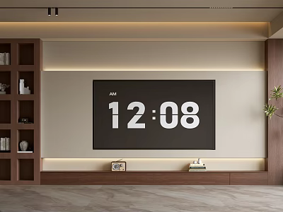 Modern TV Wall Interior Design With Large Screen TV Wooden Shelves And LED Strip Lights 3d model