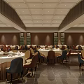 Elegant Banquet Hall Interior With Round Tables White Tablecloths Large Windows And Ceiling Lighting 3d model