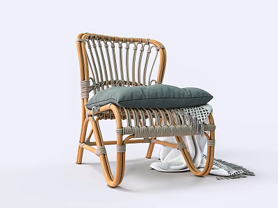 Wicker Lounge Chair With Wooden Frame Gray Cushion And Throw Blanket 3d model