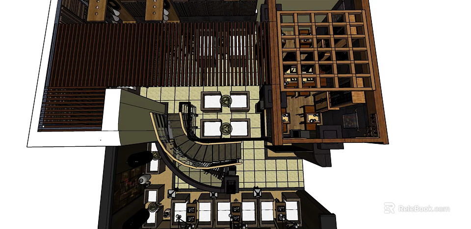 Café Interior Design With Spiral Staircase Wooden Shelves Seating Area And Table Layout 3d model 