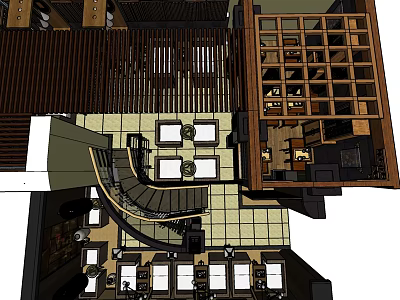 Café Interior Design With Spiral Staircase Wooden Shelves Seating Area And Table Layout 3d model