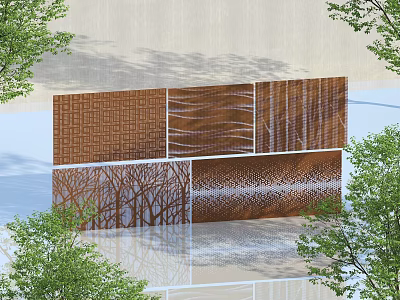 Ornamental Metal Screens With Geometric Wave Tree And Dotted Patterns In Outdoor Landscape 3d model