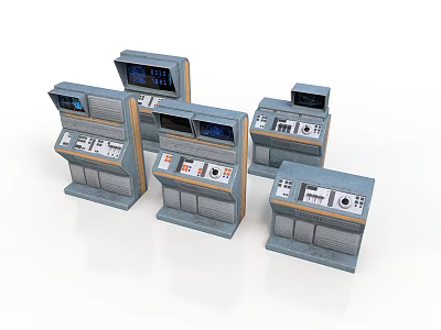 Multiple Technical Control Consoles With Digital Screens And Interface Panels 3d model