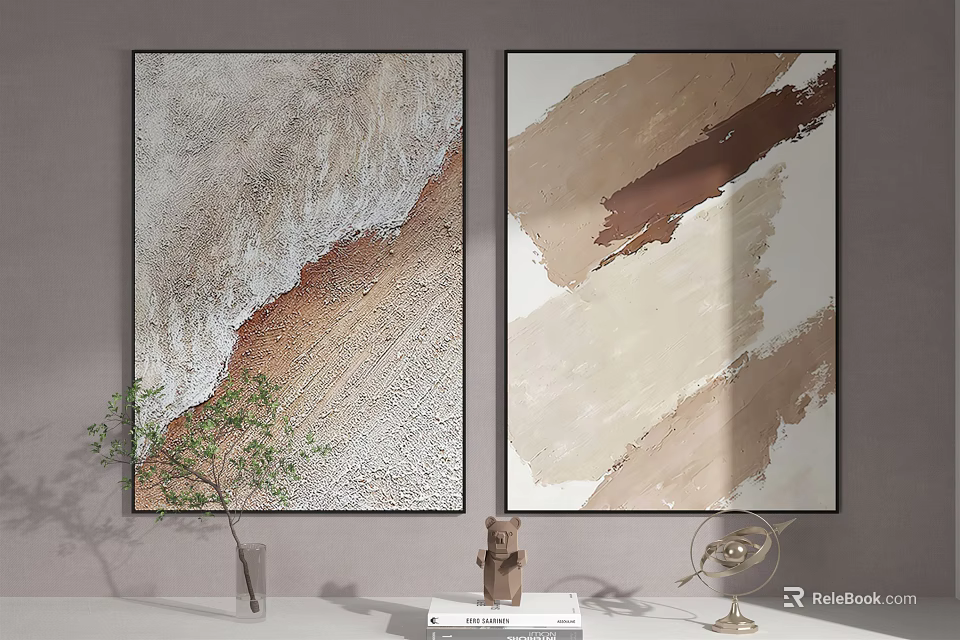 Abstract Paintings With Neutral Tones And Decorative Plant In Modern Room Interior 3d model 