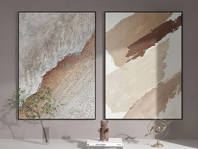 Abstract Paintings With Neutral Tones And Decorative Plant In Modern Room Interior 3d model