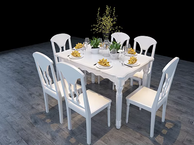 White Dining Table Set With Six White Chairs Dinnerware Vase And Green Plants 3d model