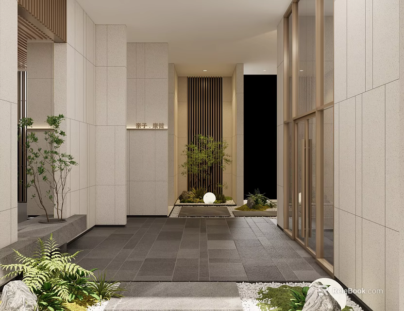 Modern Elevator Hallway With White Walls Dark Floor Tiles And Green Plants 3d model 