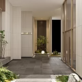 Modern Elevator Hallway With White Walls Dark Floor Tiles And Green Plants