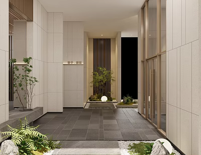 Modern Elevator Hallway With White Walls Dark Floor Tiles And Green Plants 3d model