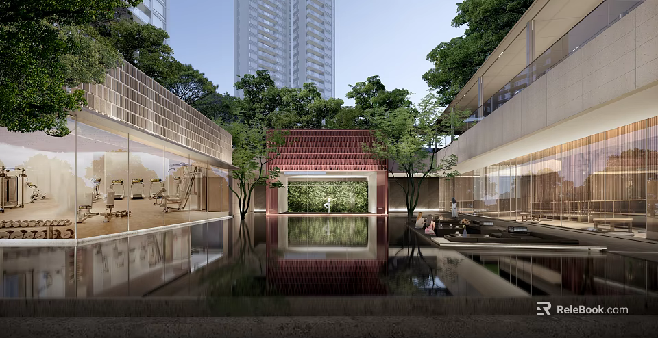 Serene Modern Courtyard With Pool Reflection Tall Buildings And Green Trees 3d model 