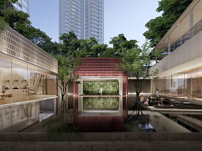 Serene Modern Courtyard With Pool Reflection Tall Buildings And Green Trees 3d model
