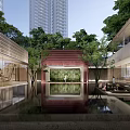 Serene Modern Courtyard With Pool Reflection Tall Buildings And Green Trees