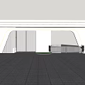 Modern Residential Entrance Gate With Curved Design Glass Walls And Trees Near High Rise Buildings