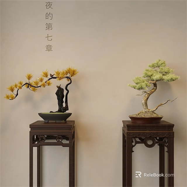 Traditional Bonsai Plants on Wooden Stands with Yellow and Green Foliage against Light Wall Background 3d model 