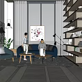 Elegant Sales Office Interior with Luxury Chandelier Reception Desk and Marble Floor Display Shelves