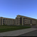 Modern Multi Story School Building with Central Courtyard Greenery Trees and People Walking