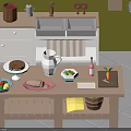 Cartoon Kitchen Scene With Pancakes Pitcher Fruits Carrot And Bottle On Table Cabinets And Sink