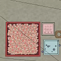 Various Decorative Items Including Red Border Square Pink Object Wooden Ring And Blue Box