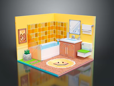 Cartoon Bathroom Scene With Yellow Walls Tiles Bathtub Sink Toilet Smiley Rug Plant And 3d model