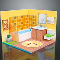 Cartoon Bathroom Scene With Yellow Walls Tiles Bathtub Sink Toilet Smiley Rug Plant And