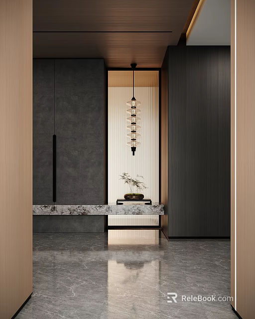 Modern Entryway Hallway Design With Hanging Lamp Marble Console And Wooden Panels 3d model 