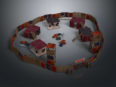 Circular Wooden Fence Enclosed Small Houses Tents Scattered Items And A Sign 3d model