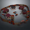 Circular Wooden Fence Enclosed Small Houses Tents Scattered Items And A Sign