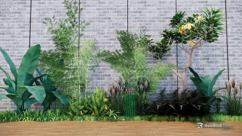 Lush Green Plants Including Bamboo Ferns And Flowering Tree By Brick Wall On Wooden Floor 3d model 