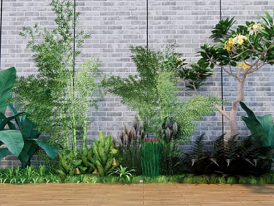 Lush Green Plants Including Bamboo Ferns And Flowering Tree By Brick Wall On Wooden Floor 3d model