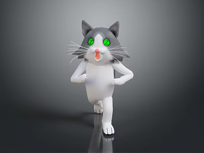 Cartoon Gray And White Cat With Green Eyes Running Open Mouth On Gray Background 3d model