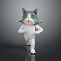 Cartoon Gray And White Cat With Green Eyes Running Open Mouth On Gray Background
