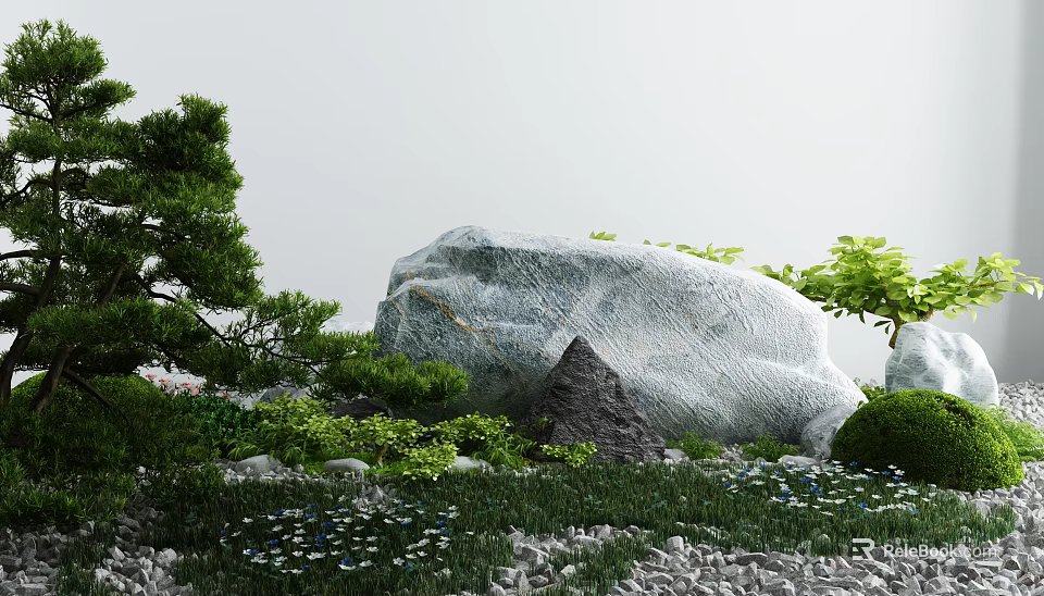 Garden Ornament Featuring Large Rock Pine Tree Green Plants Small Stones and White Flowers 3d model 