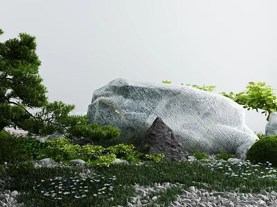 Garden Ornament Featuring Large Rock Pine Tree Green Plants Small Stones and White Flowers 3d model