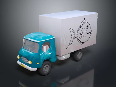 Blue Toy Cargo Truck With White Container And Fish Drawing Design 3d model