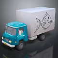 Blue Toy Cargo Truck With White Container And Fish Drawing Design
