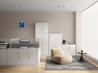 Modern Office Interior With White Bookcase Green Handles Beige Chair And Gray Rug 3d model