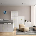 Modern Office Interior With White Bookcase Green Handles Beige Chair And Gray Rug