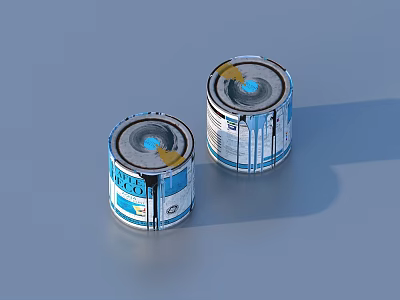 Two Shiny Silver Paint Cans With Dripping Paint And Labels On Blue Background 3d model
