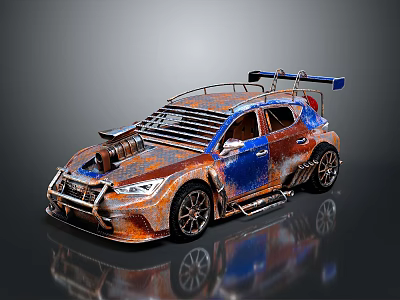 Rusty Modified Car With Blue Orange Paint Spoiler And Roof Rack 3d model