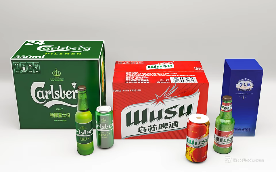 Green Carlsberg Red Wusu and Blue Beer Bottles with Cans Packaging Boxes 3d model 