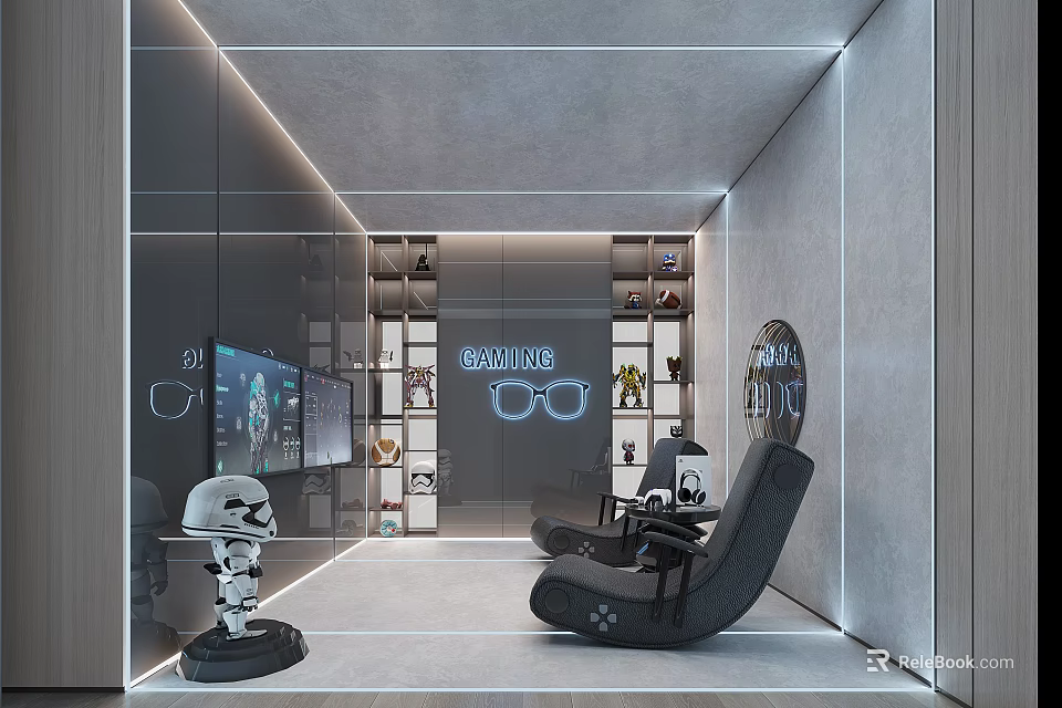 Modern Entertainment Room With Gaming Chair Display Shelves And Ambient Lighting 3d model 