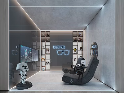 Modern Entertainment Room With Gaming Chair Display Shelves And Ambient Lighting 3d model