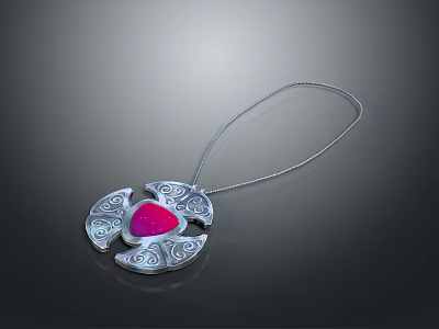Elegant Silver Chain Necklace Featuring Red Gemstone And Intricate Decorative Patterns 3d model