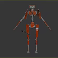 Red Robot Character With Skeleton Structure Holding Sword And Blue Eyes In Gray Background