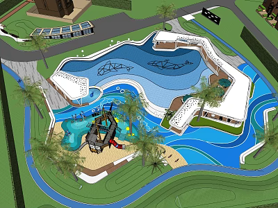 Colorful Water Themed Kids Play Area With Slides Pools And Palm Trees 3d model