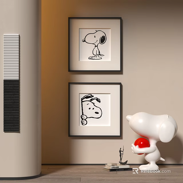 Two Framed Snoopy Art Prints On Beige Wall With Decorative White Statue 3d model 
